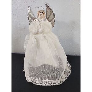 Angelic white/tan Shihtzu Dog Tree Topper 10.5"‎ Christmas Angel Vtg